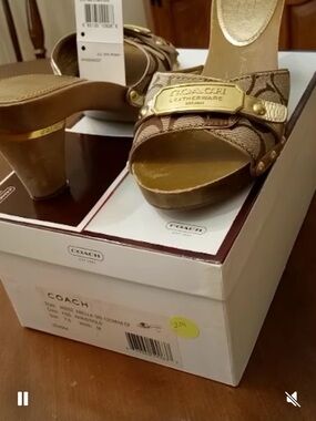 Coach Signature Abella Brown/Tan Logo Platform Slide Sandals with Gold Plaque